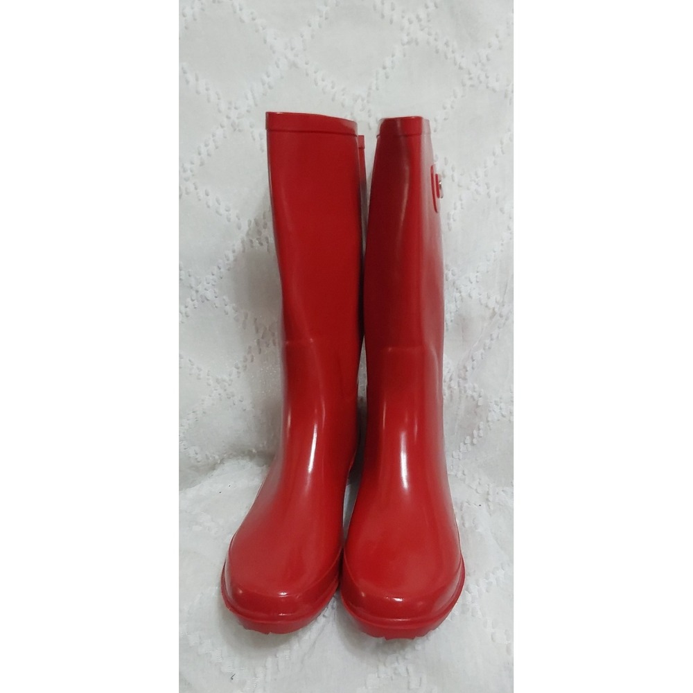 FY Womens Red Glossy Wedge Heel Rain Boots Tall Rubber Puddle Boots Size 10